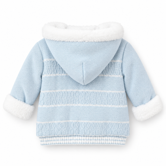 Baby Boy Cotton Knit Hooded Jacket – Blue & White Plush Trim