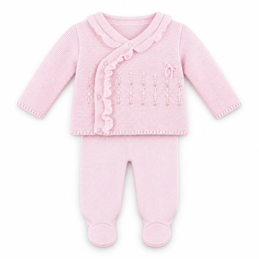 Pink Cotton Knit Baby Girl Set with Ruffle Trim