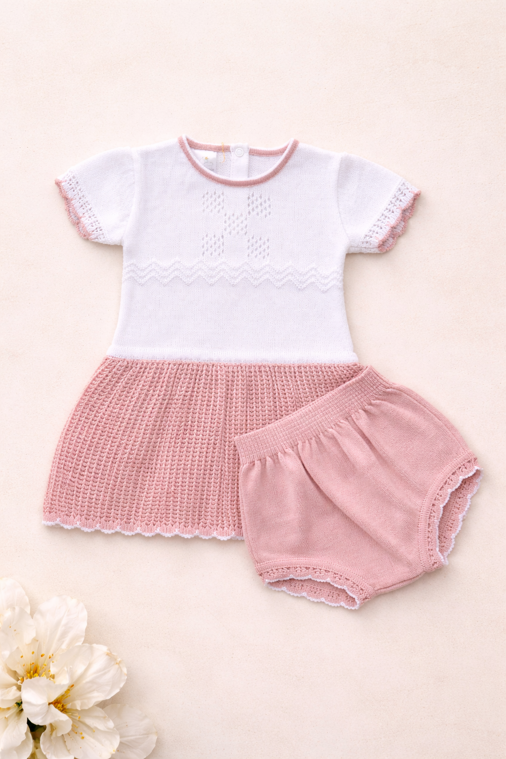 White/Mauve Knit Baby Dress & Bloomers Set