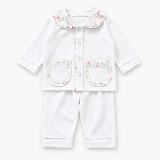 White Pima Cotton Baby Girl Set with Floral Peter Pan Collar