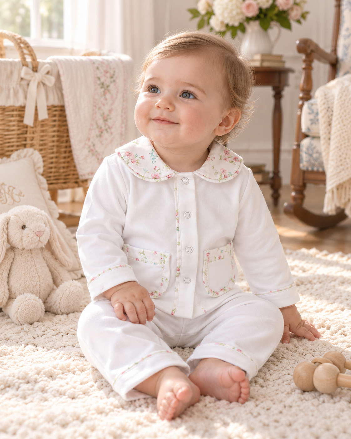 White Pima Cotton Baby Girl Set with Floral Peter Pan Collar