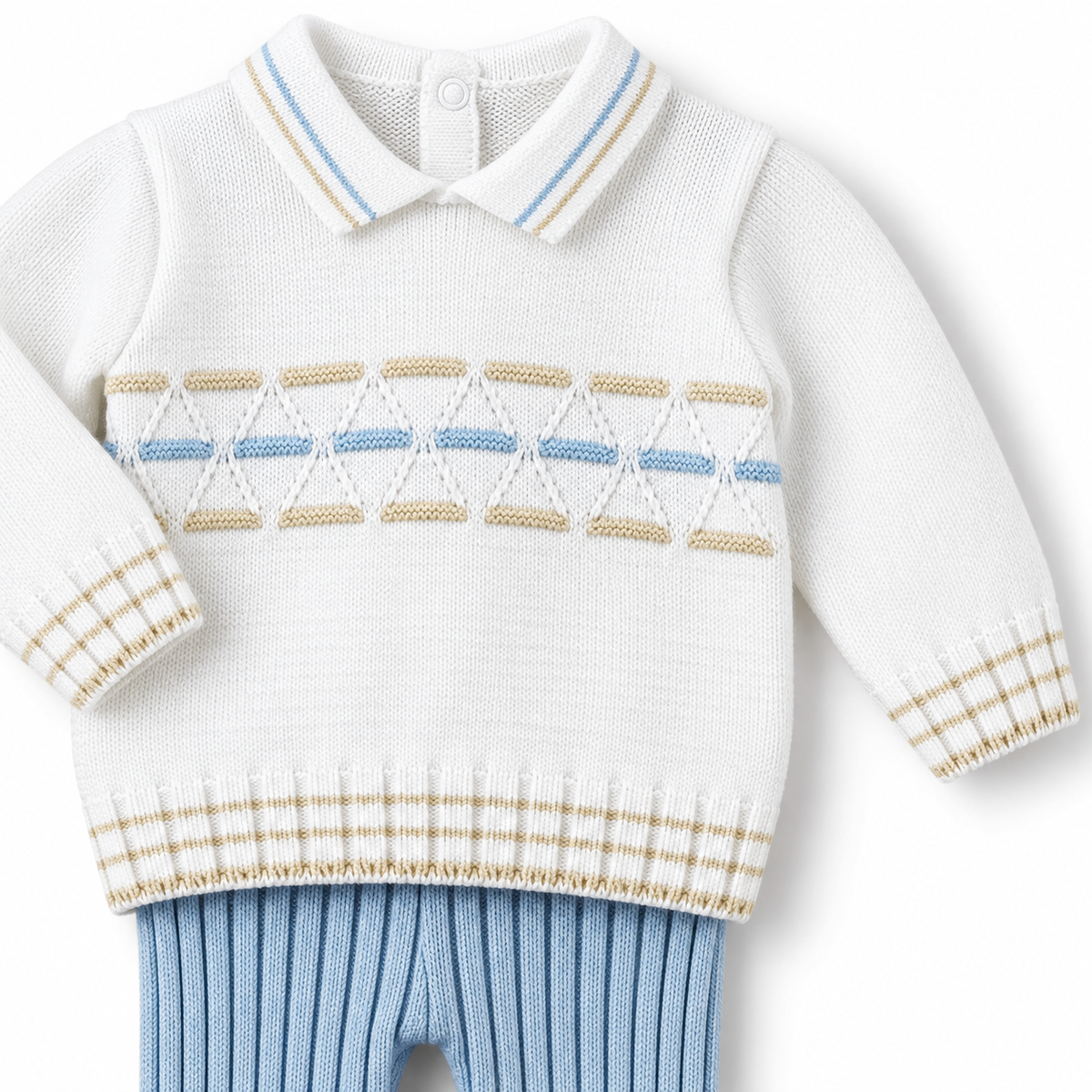Baby Boy Cotton Knit Two-Piece Set – White, Blue & Tan Geometric