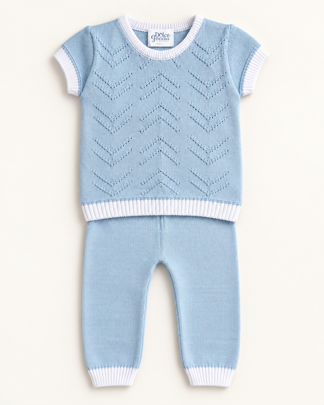 Dolce Goccia blue cotton knit baby boy set with chevron stitching and white trim