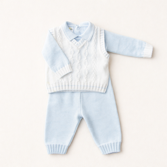 Baby Blue Cable Knit Set – 100% Cotton 3-Piece Outfit