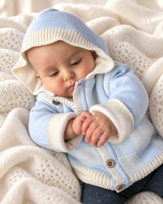 Baby Boy Hooded Cotton Cardigan – Blue & Ivory Checkerboard