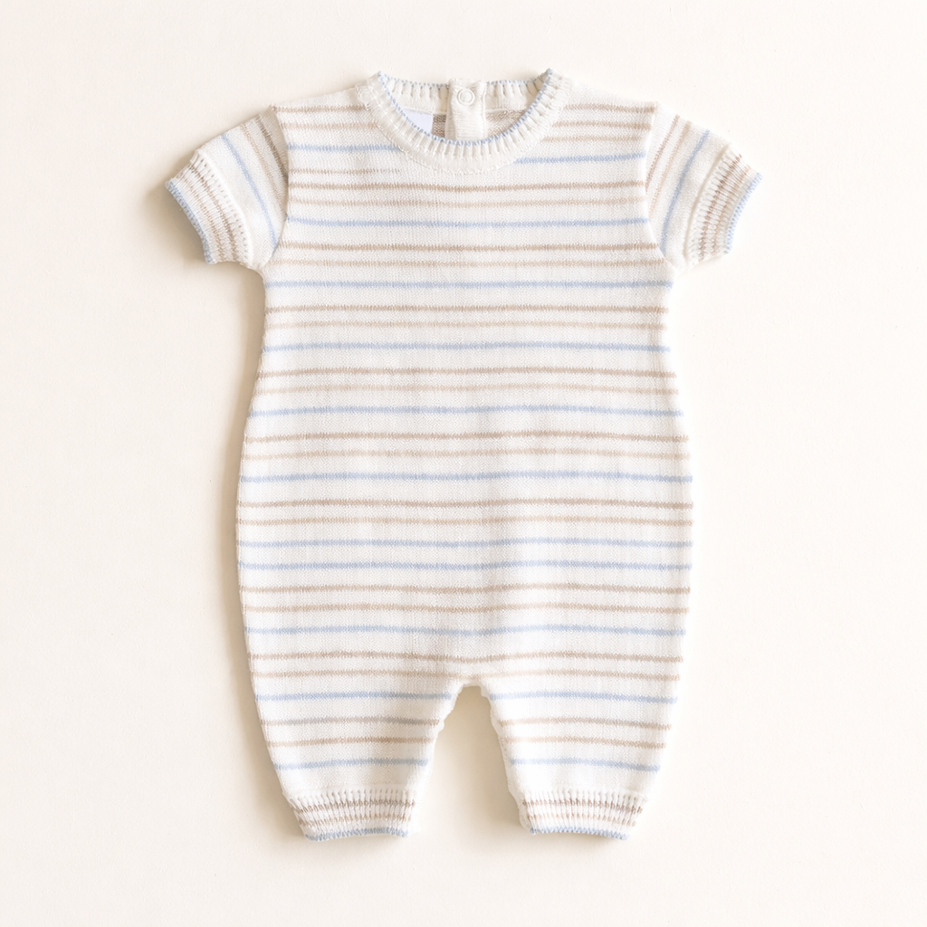 Striped Knit Baby Romper – Blue & Taupe