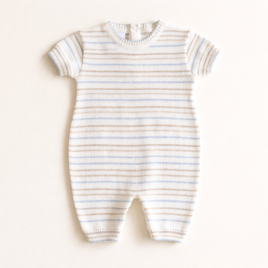 Striped Knit Baby Romper – Blue & Taupe