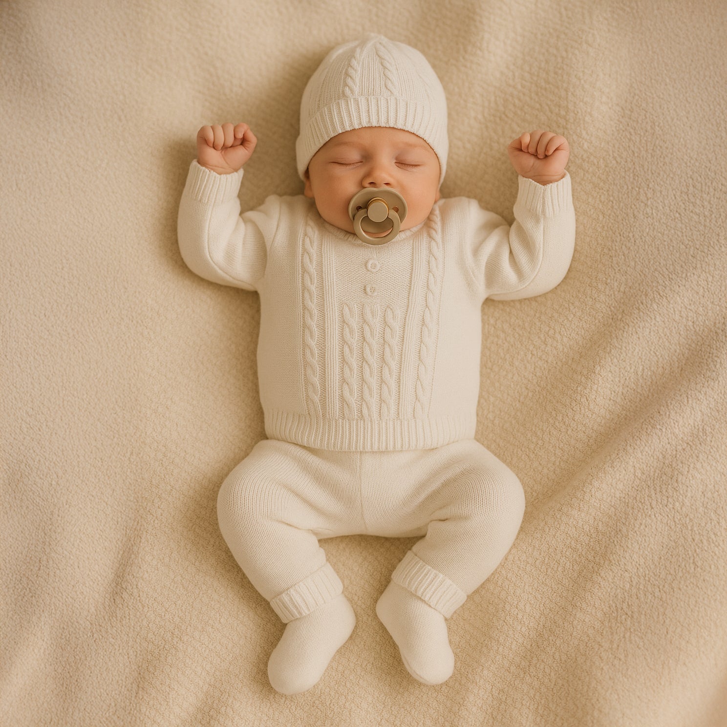 Newborn baby boy wearing a cream cotton knit sweater and pants set with matching hat
