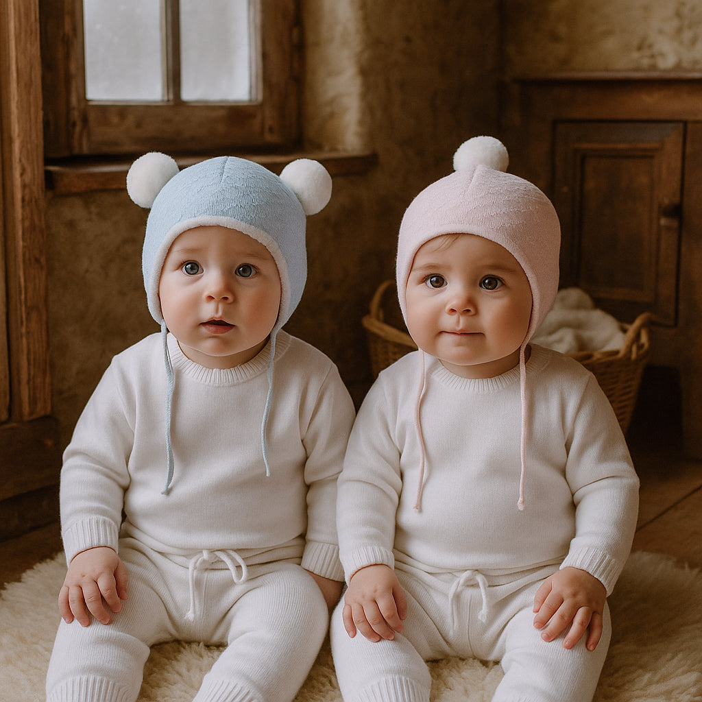 Two babies wearing soft knit pompom bonnet hats in blue and pink