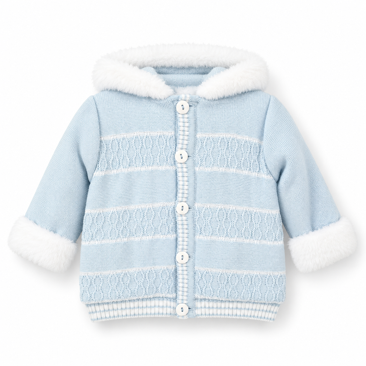 Baby Boy Cotton Knit Hooded Jacket – Blue & White Plush Trim