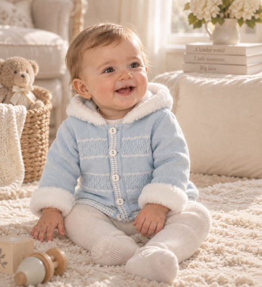 Baby Boy Cotton Knit Hooded Jacket – Blue & White Plush Trim