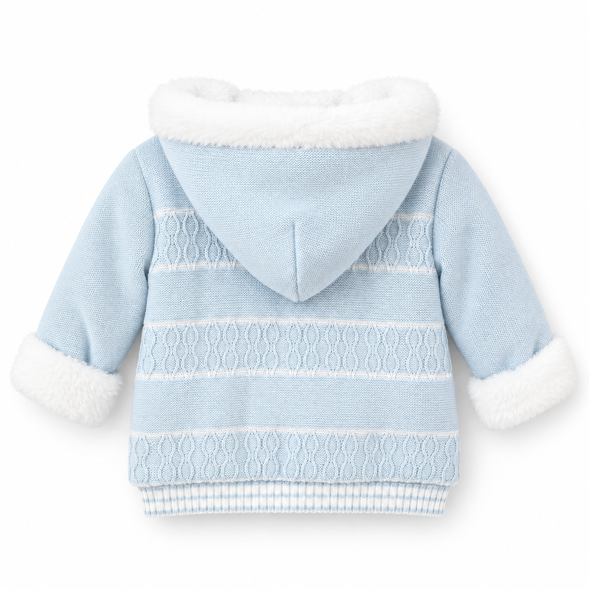 Baby Boy Cotton Knit Hooded Jacket – Blue & White Plush Trim