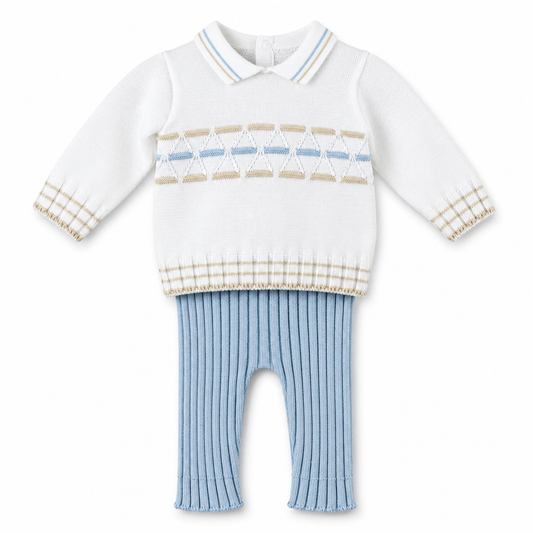 Baby Boy Cotton Knit Two-Piece Set – White, Blue & Tan Geometric