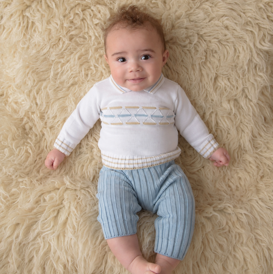 Baby Boy Cotton Knit Two-Piece Set – White, Blue & Tan Geometric