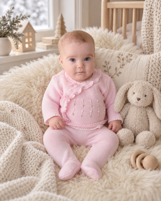 Pink Cotton Knit Baby Girl Set with Ruffle Trim