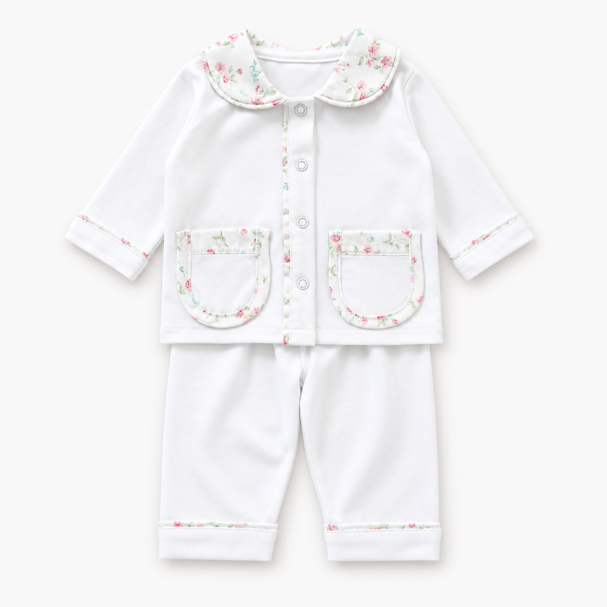 White Pima Cotton Baby Girl Set with Floral Peter Pan Collar