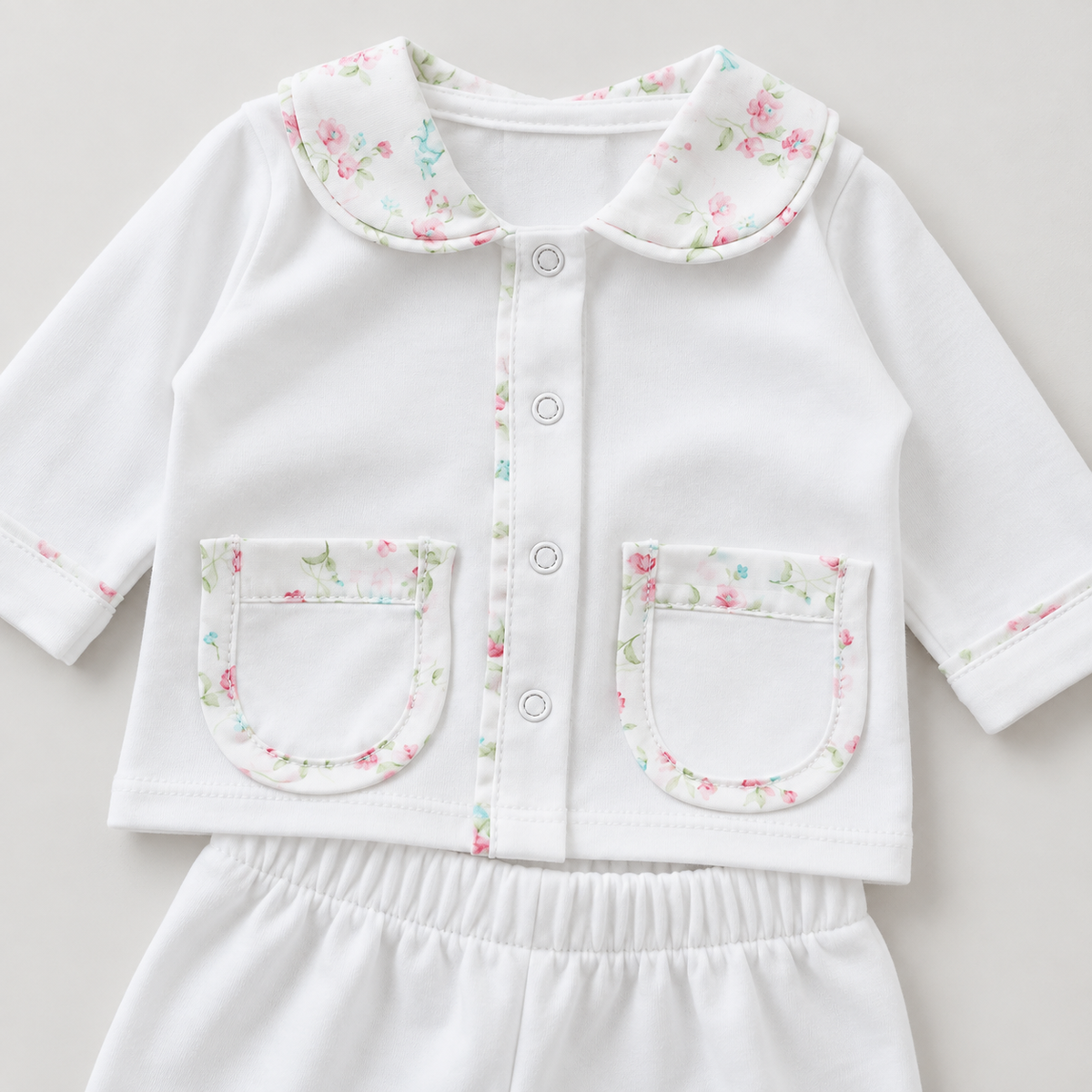 White Pima Cotton Baby Girl Set with Floral Peter Pan Collar