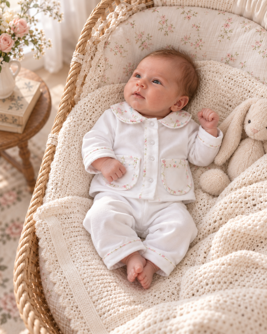White Pima Cotton Baby Girl Set with Floral Peter Pan Collar