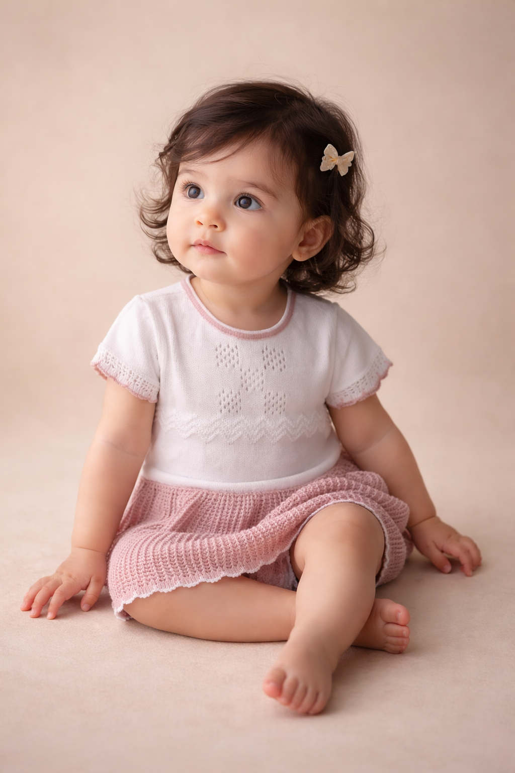 White/Mauve Knit Baby Dress & Bloomers Set