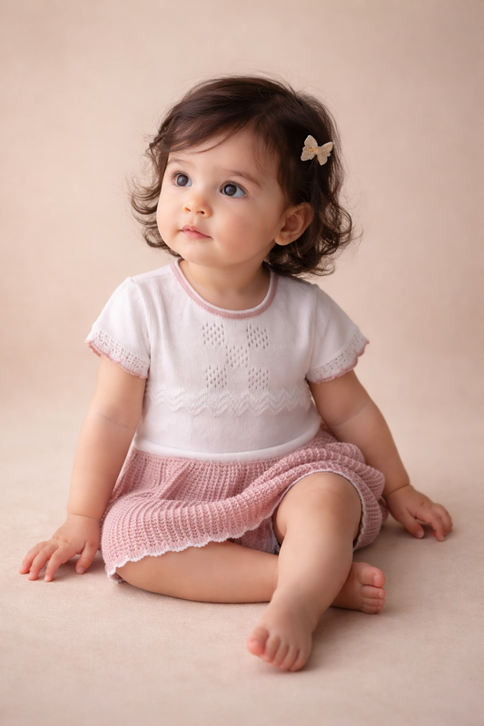 White/Mauve Knit Baby Dress & Bloomers Set