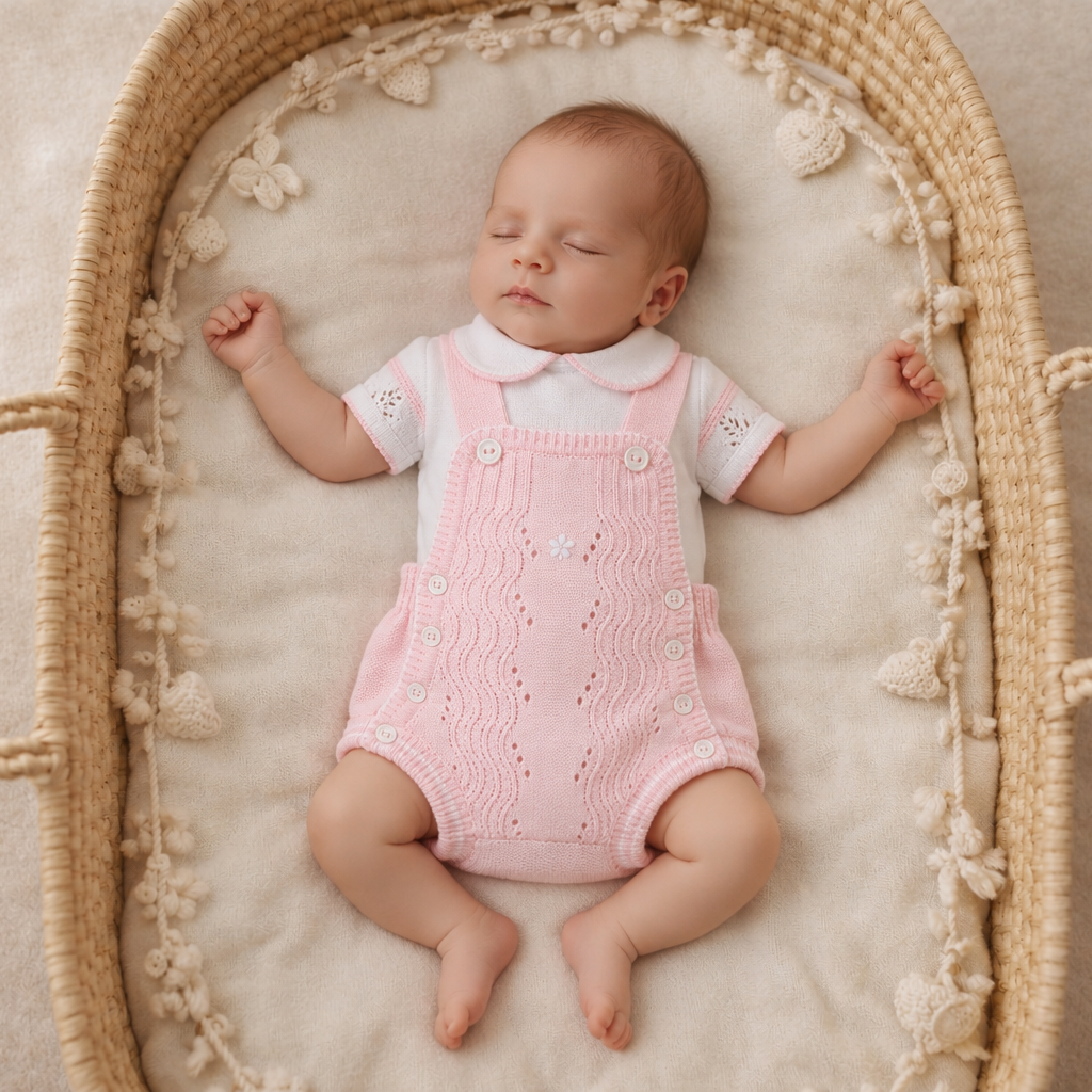 Pink Knit Baby Overall Set with Peter Pan Collar Top | 100% Premium Cotton | Dolce Goccia