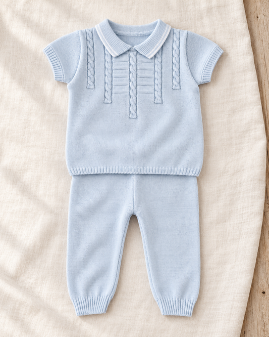 Baby Boy Cotton Knit Polo Set – Light Blue