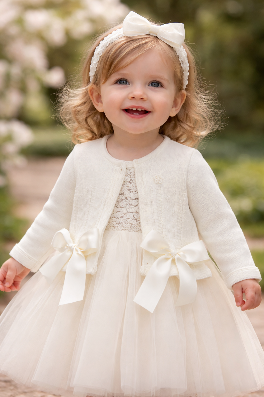 Ivory Baby Girl Cardigan with Satin Bows | Flower Girl & Christening
