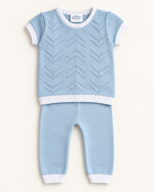 Dolce Goccia blue cotton knit baby boy set with chevron stitching and white trim
