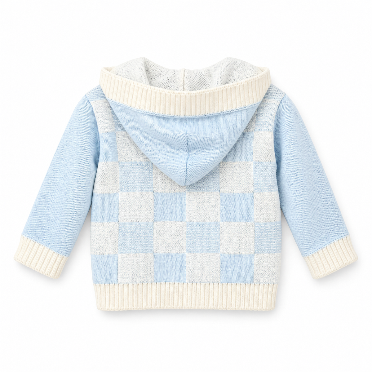Baby Boy Hooded Cotton Cardigan – Blue & Ivory Checkerboard