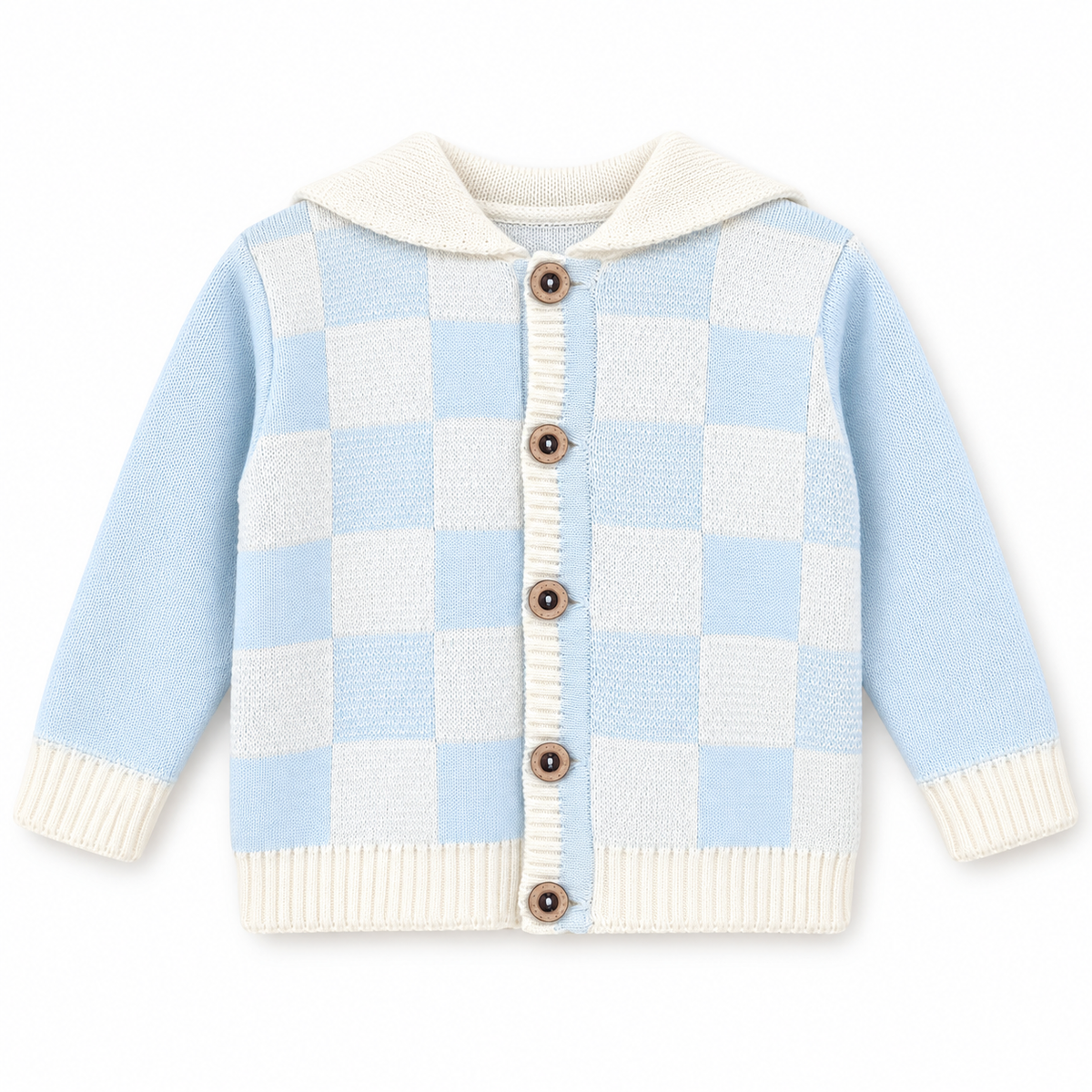 Baby Boy Hooded Cotton Cardigan – Blue & Ivory Checkerboard