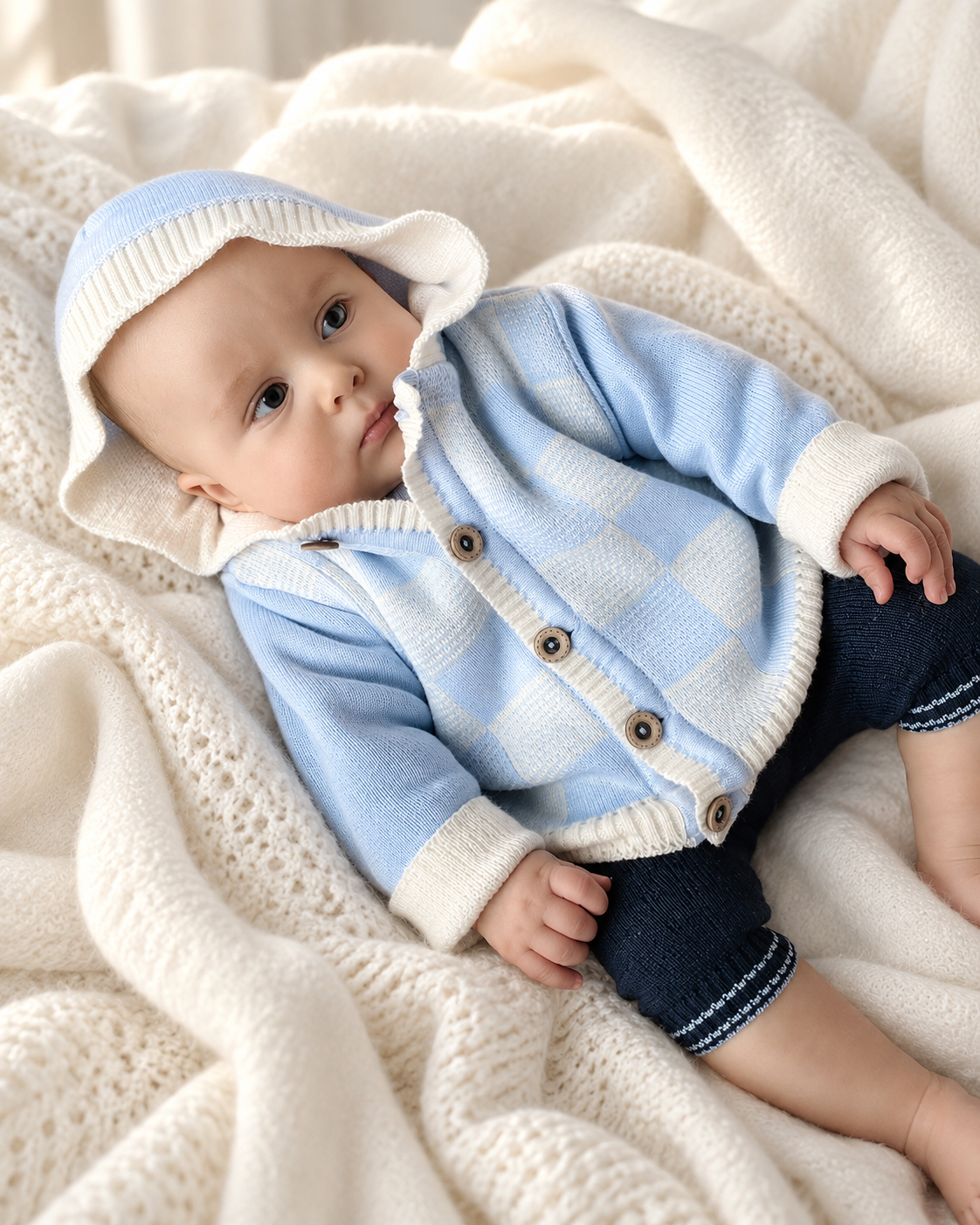 Baby Boy Hooded Cotton Cardigan – Blue & Ivory Checkerboard