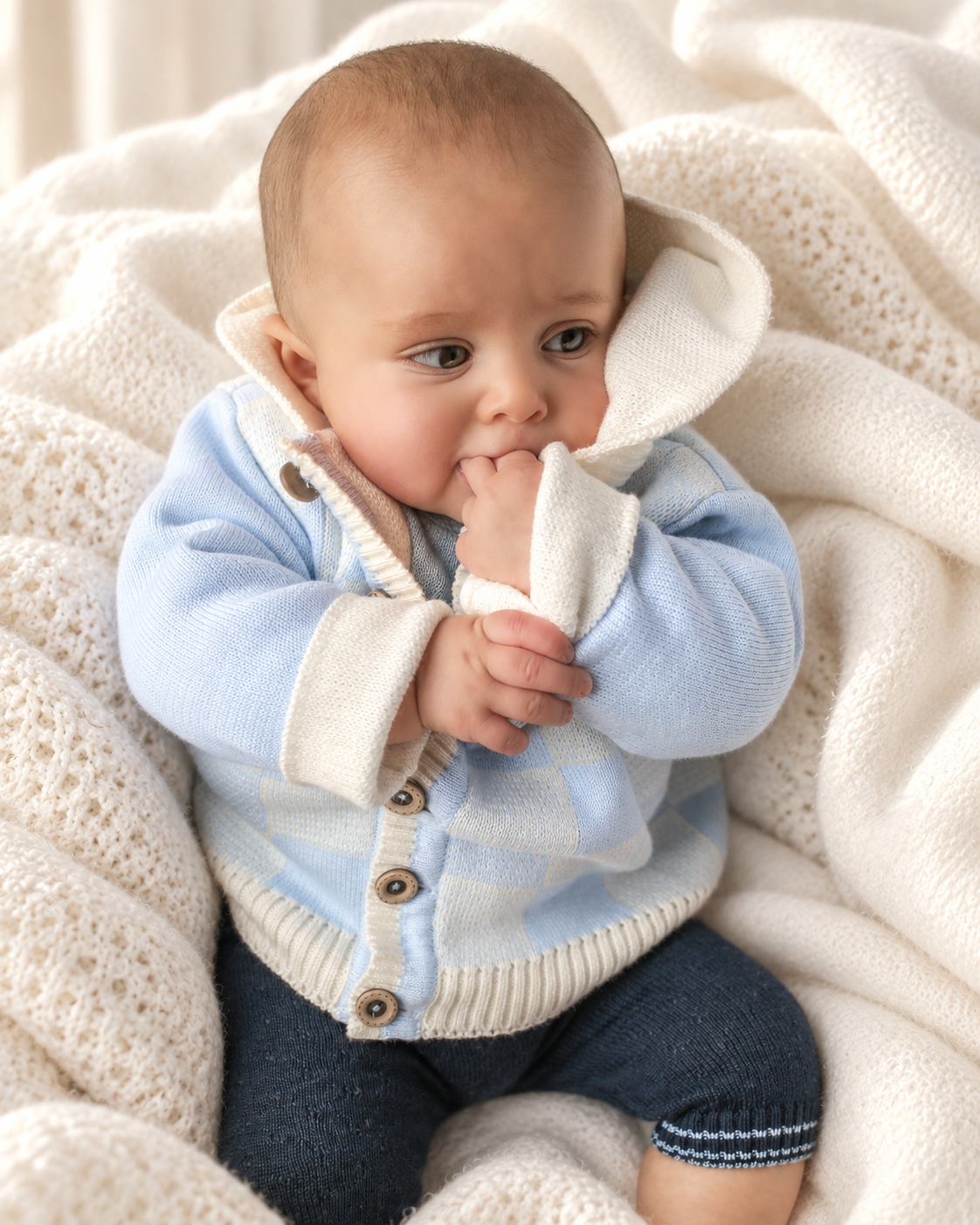 Baby Boy Hooded Cotton Cardigan – Blue & Ivory Checkerboard