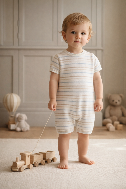 Striped Knit Baby Romper – Blue & Taupe