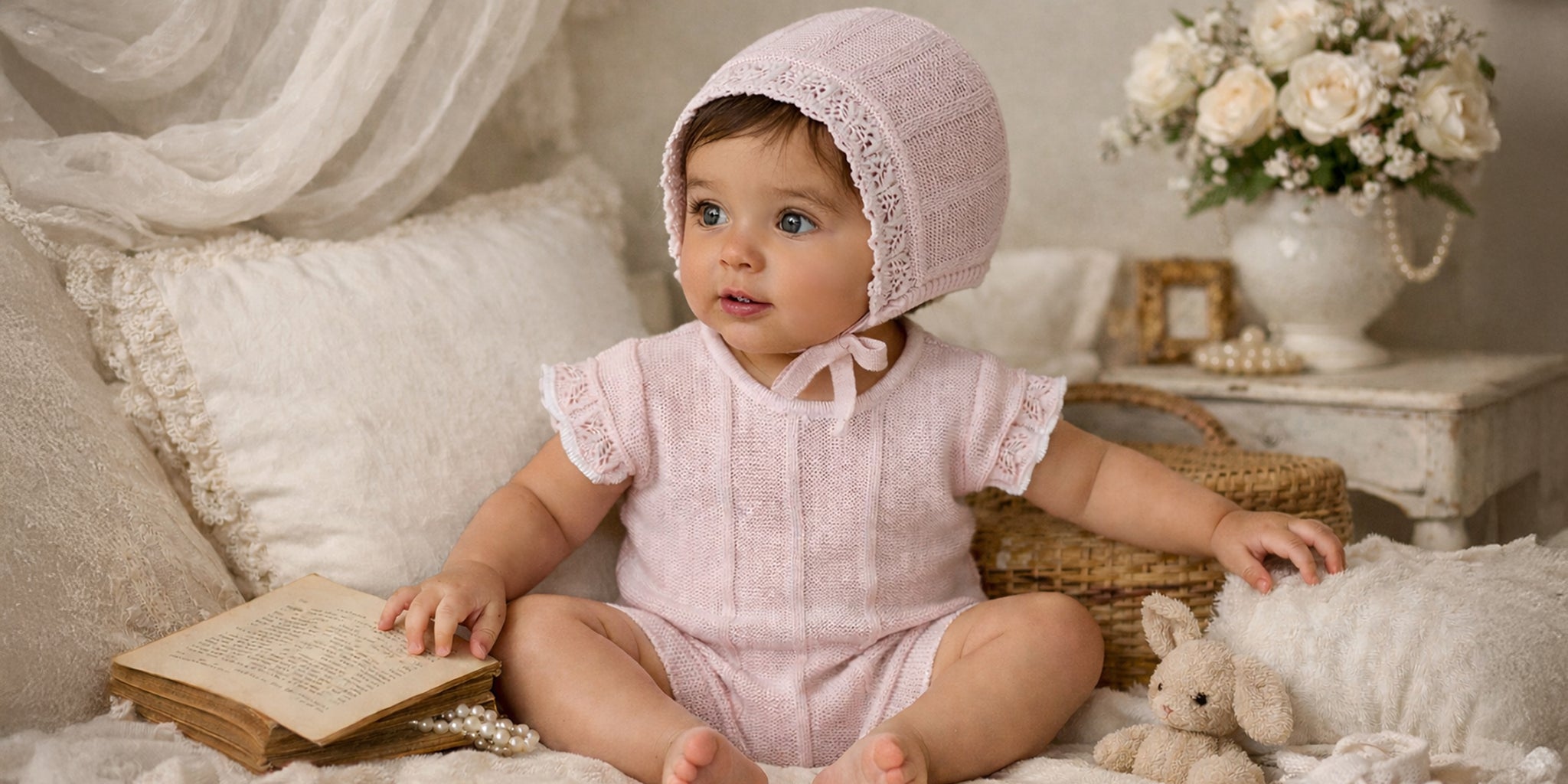 Baby in a pink outfit and bonnet sitting on a couch with a teddy bear and book.