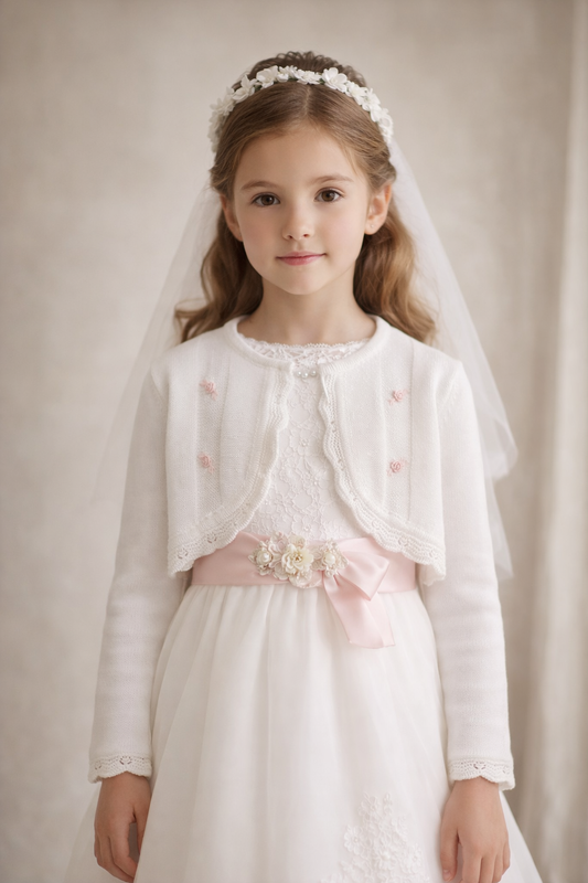 White long-sleeve knit communion bolero for girls with scalloped trim and pink embroidered details