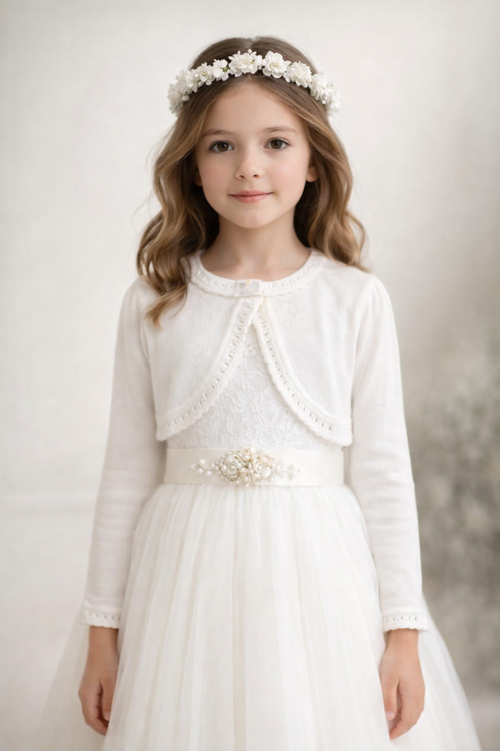 Elegant white baby bolero worn over ceremony dress