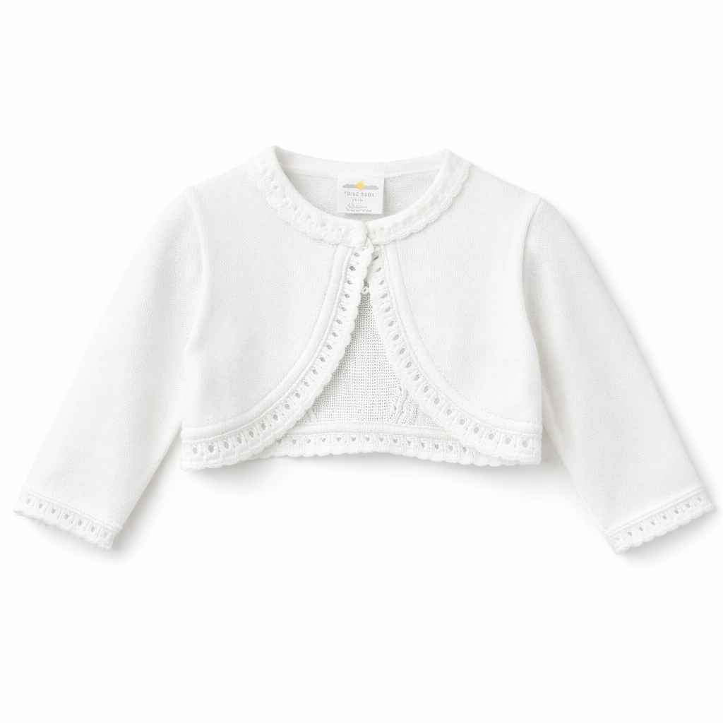 Elegant white baby bolero worn over ceremony dress