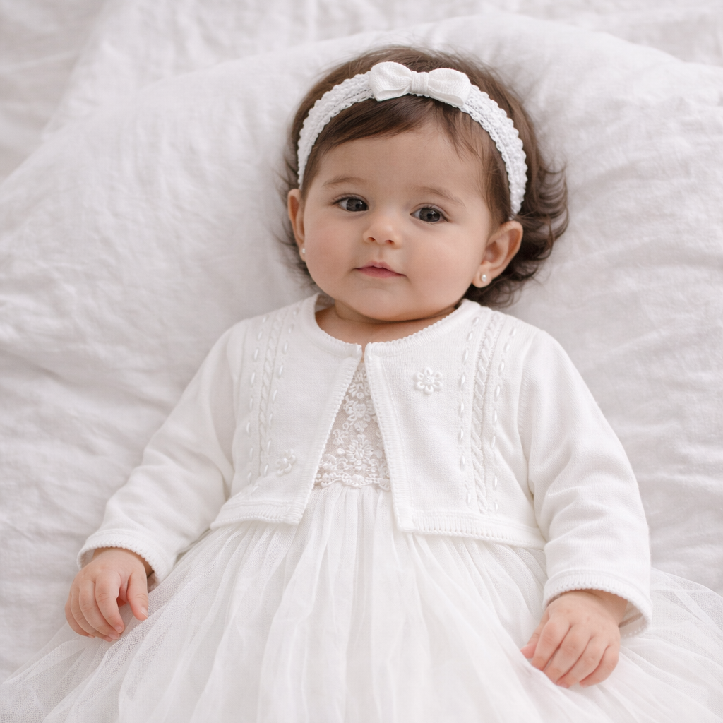 Elegant baby girl in white special occassion dress with knit bolero cardigan